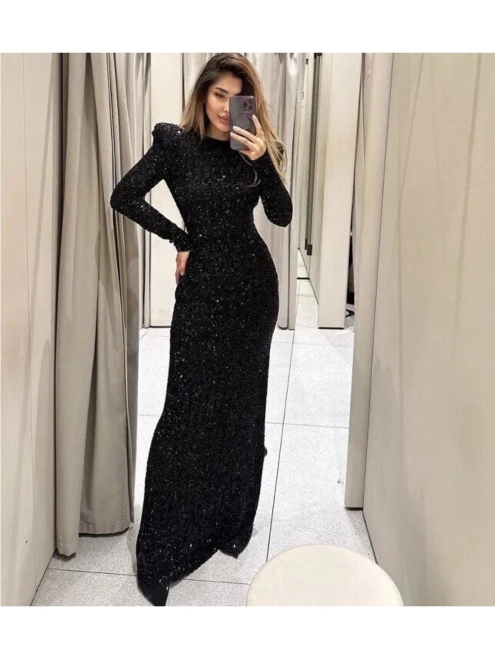 Zara Black Long-Sleeve Sparkle Evening Dress
